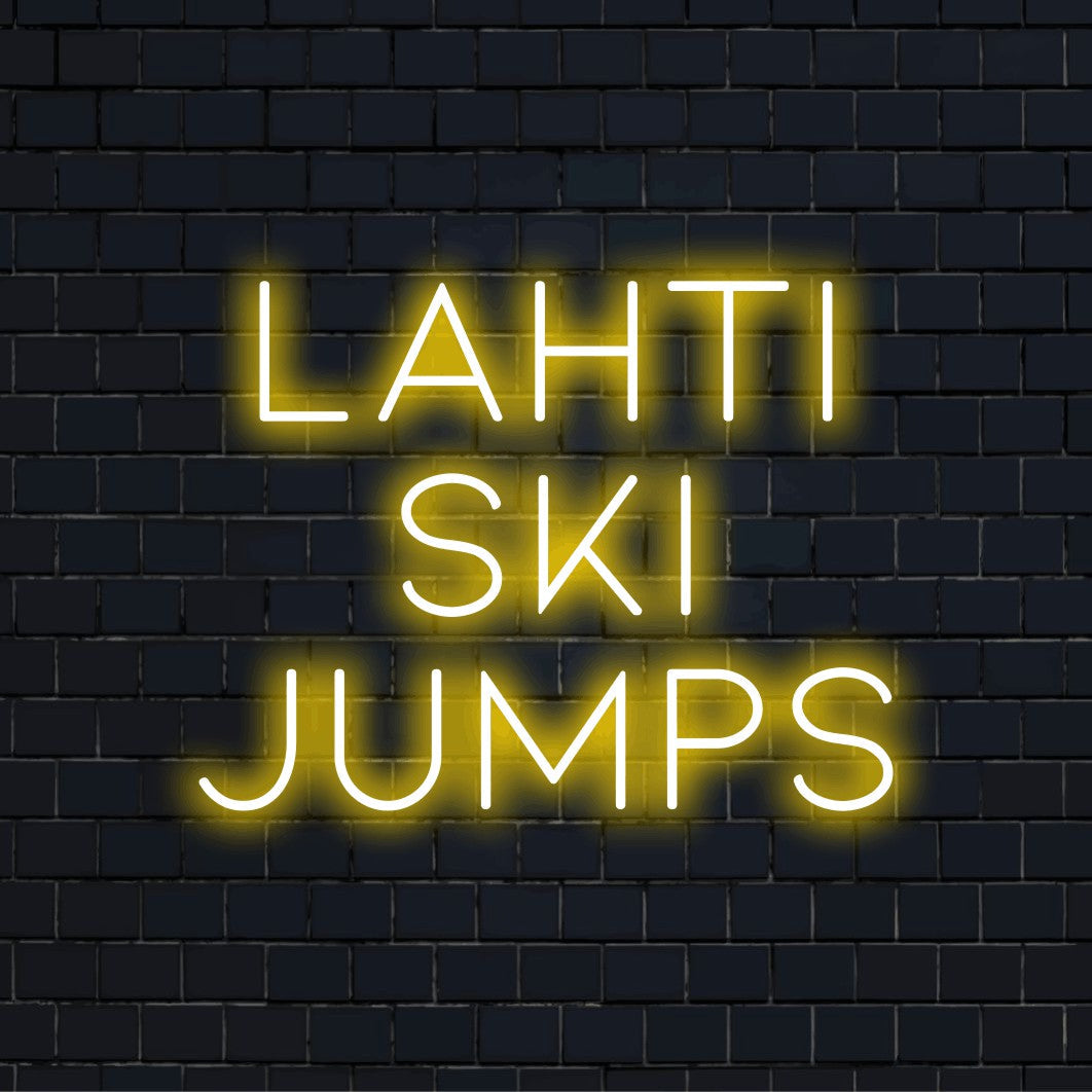 Lahti Ski Jumps Neon Sign, bright neon glow against brick backdrop