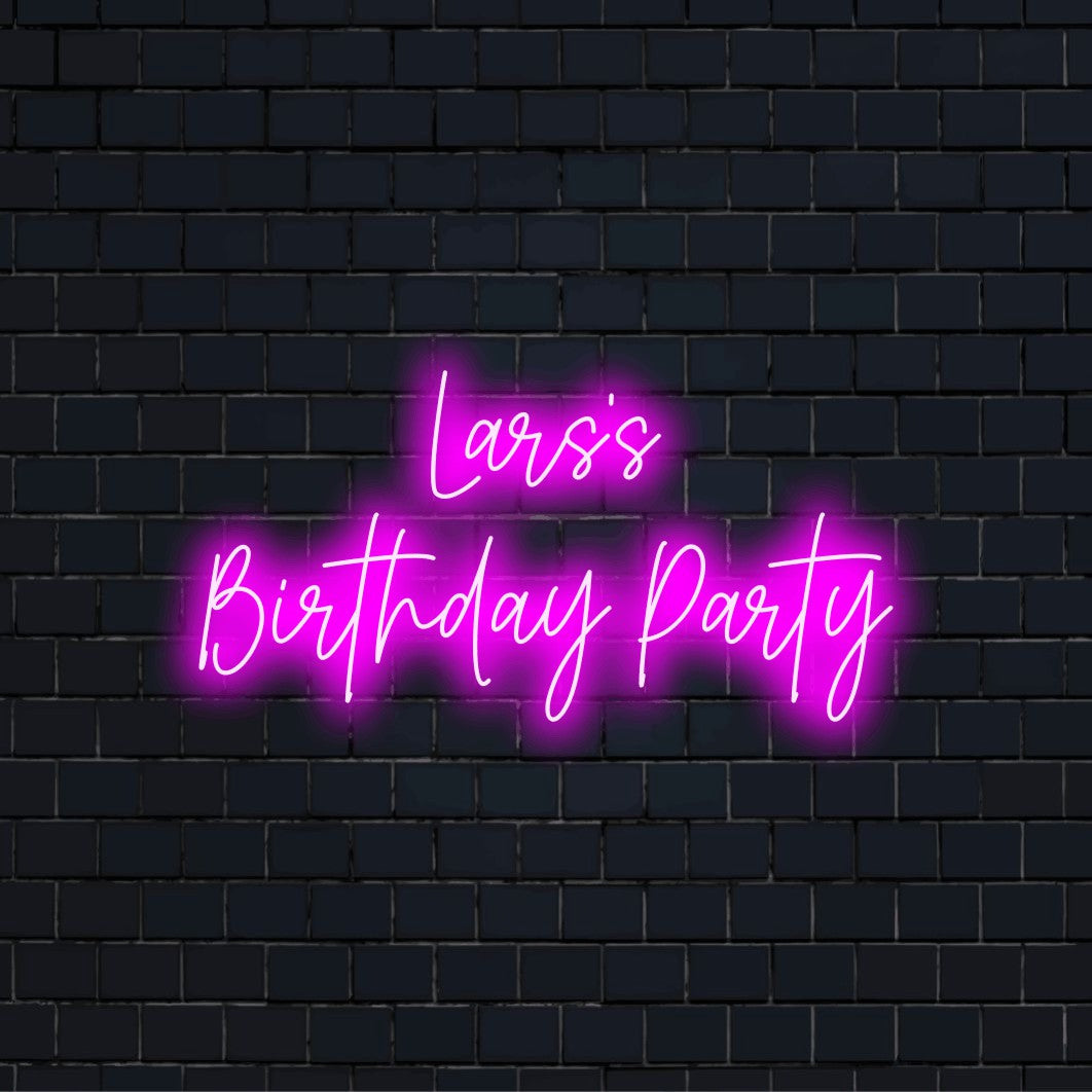 Lars_s Birthday Party Personalized Neon Light with bright neon glow against black brick wall