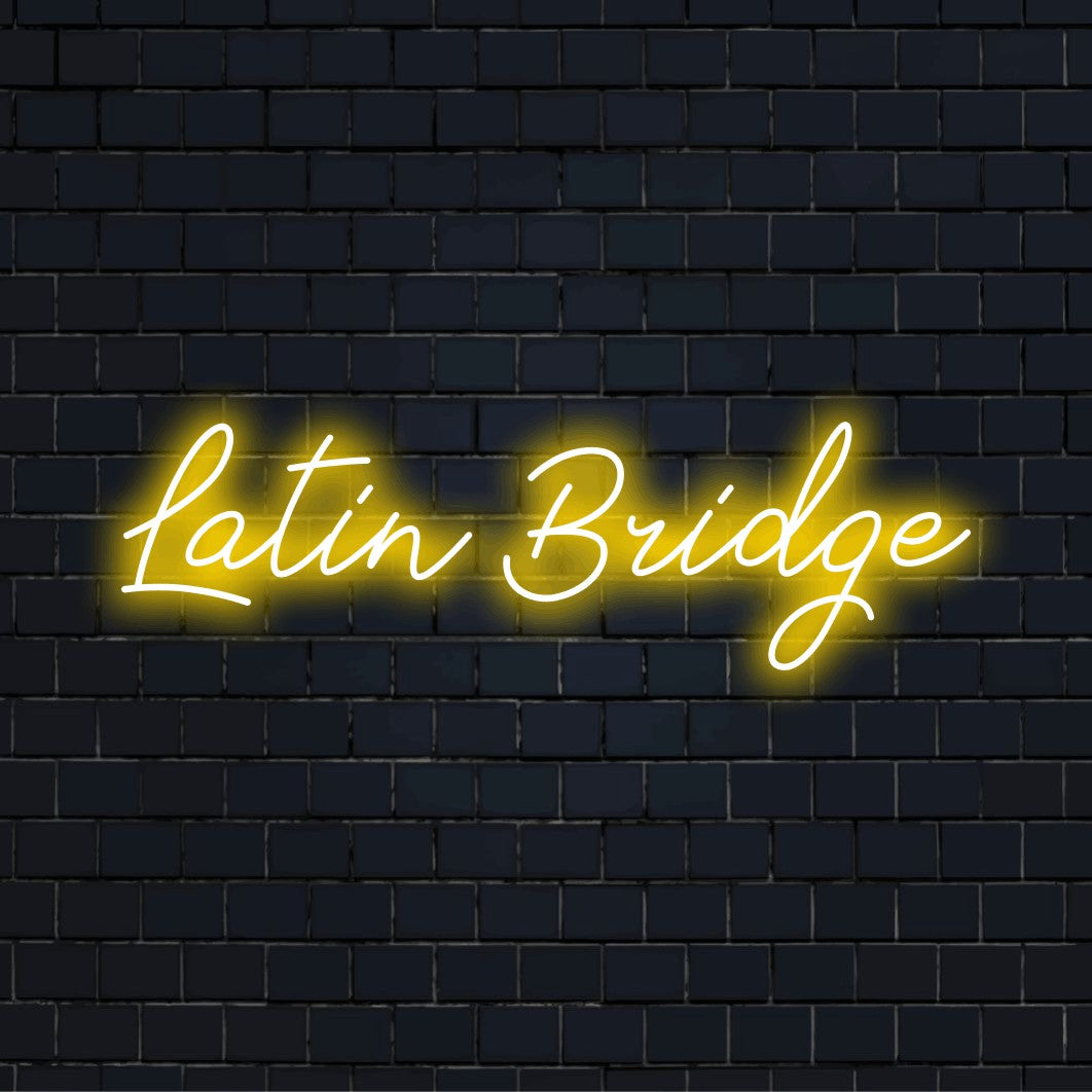Latin Bridge Neon Sign, soft neon glow on black brick background