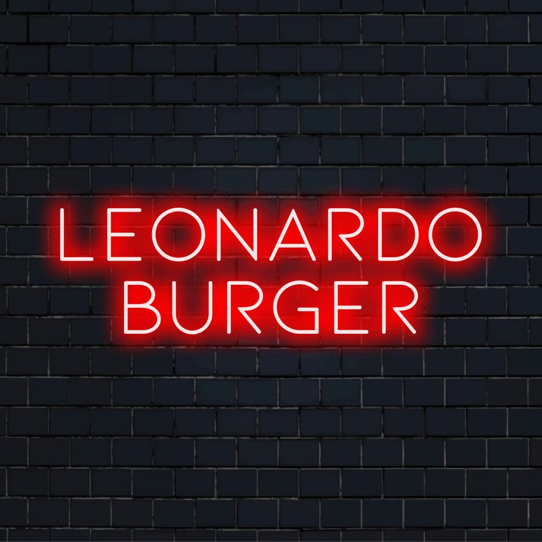 Leonardo Burger Personalized Neon Light with glowing wall decor on dark brick wall