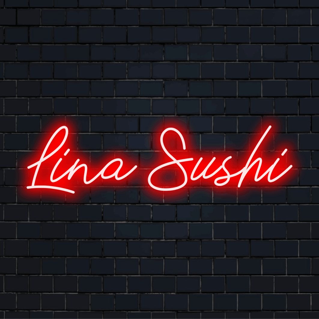 Lina Sushi Custom Name Neon Sign, bright LED glow against brick backdrop