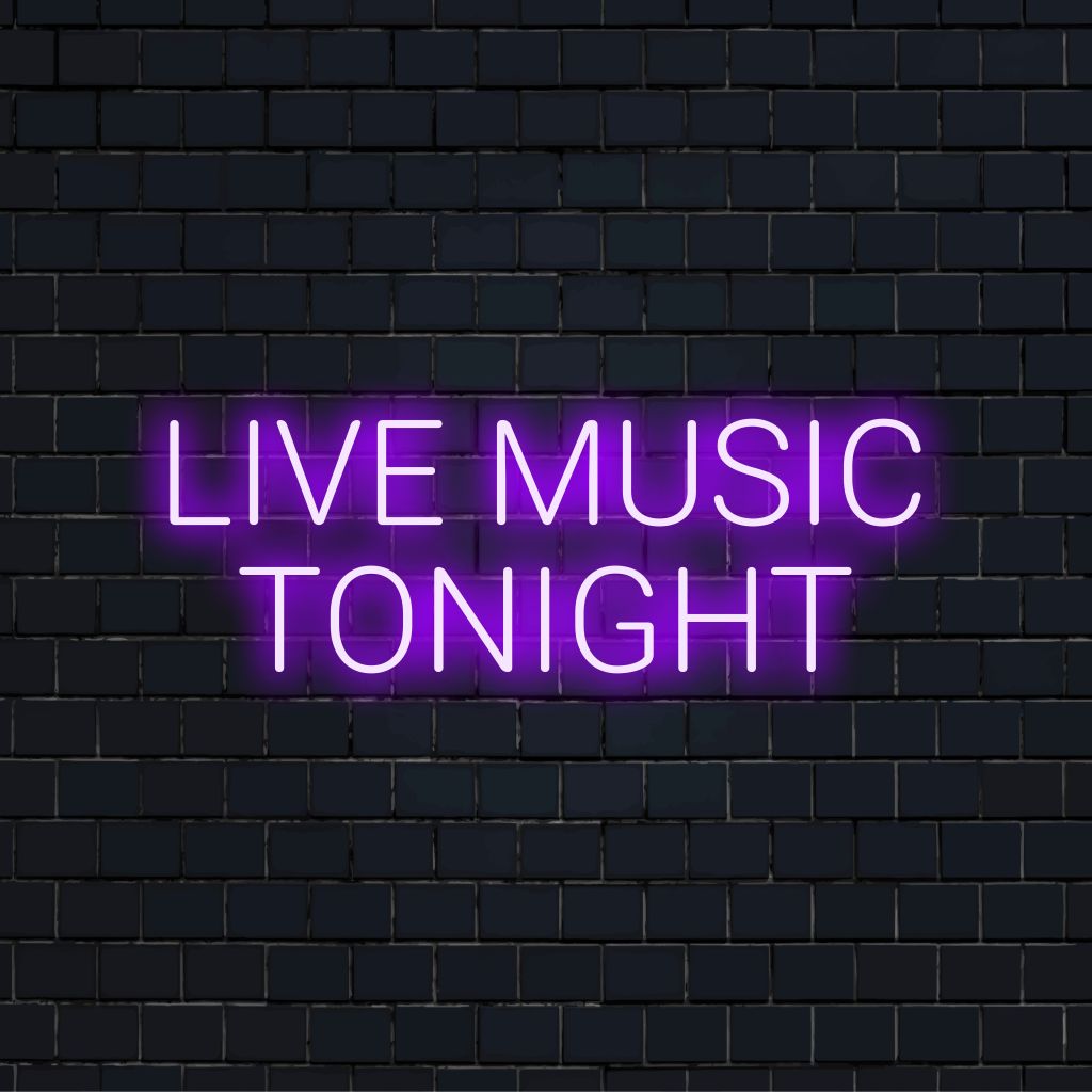 Live Music Tonight Neon Light with glowing lettering on black brick background