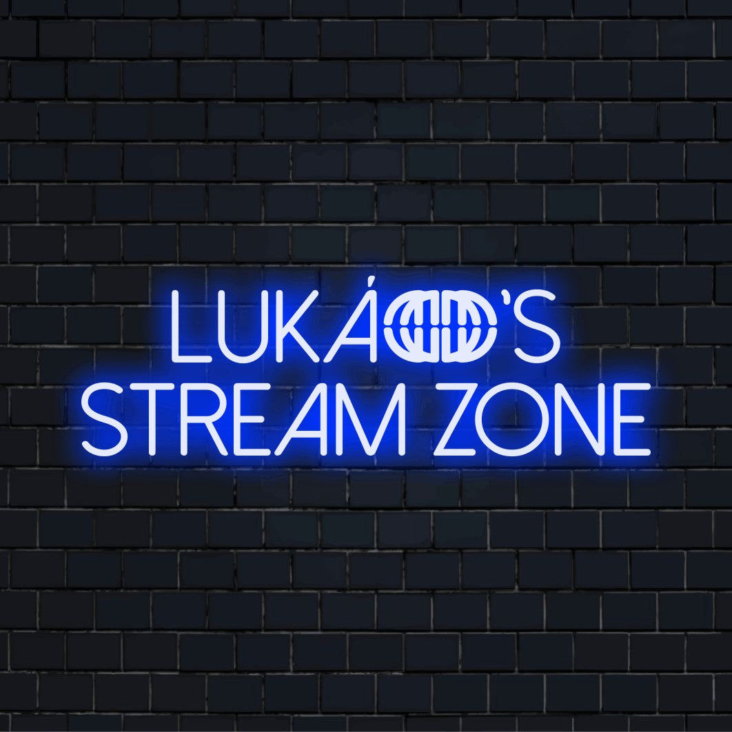 Lukas_s Stream Zone Personalized LED Neon Sign, bright neon glow on black brick background