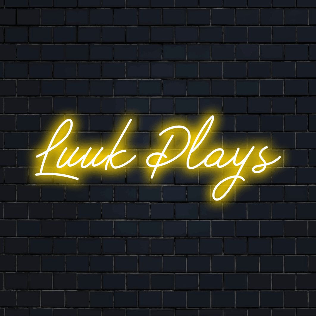 Luuk Plays Personalized LED Neon Sign, glowing wall decor on dark brick background