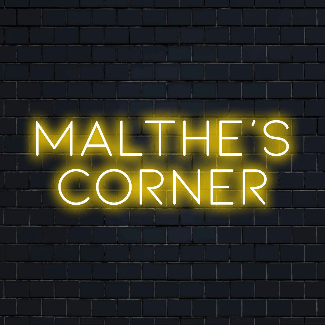 Malthe_s Corner Custom Name Neon Sign, neon text light on black brick background