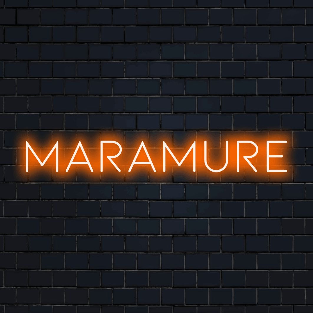 Maramures Neon Sign, glowing neon text on dark brick background