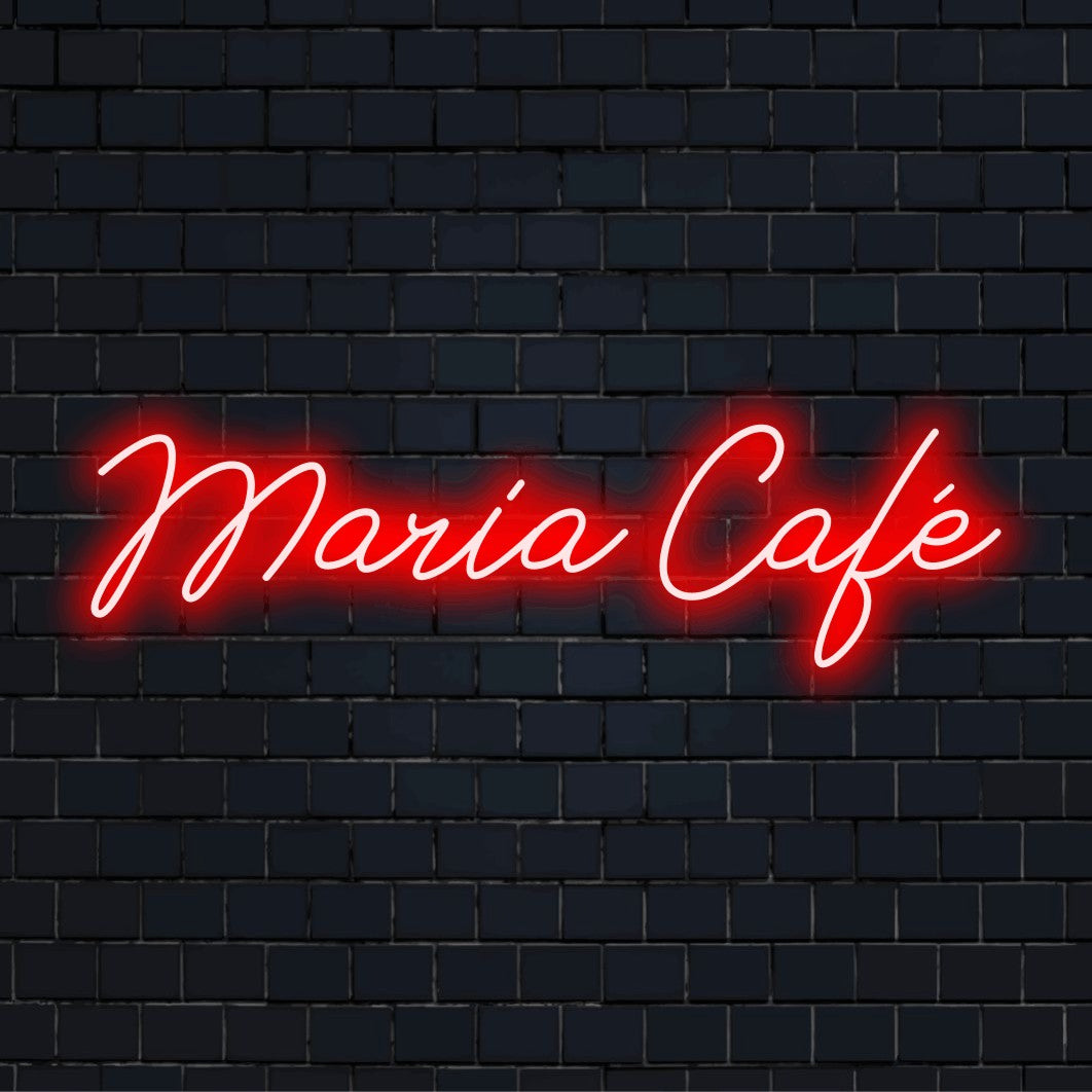 Maria Cafe Custom Name Neon Sign, soft neon glow against black brick wall