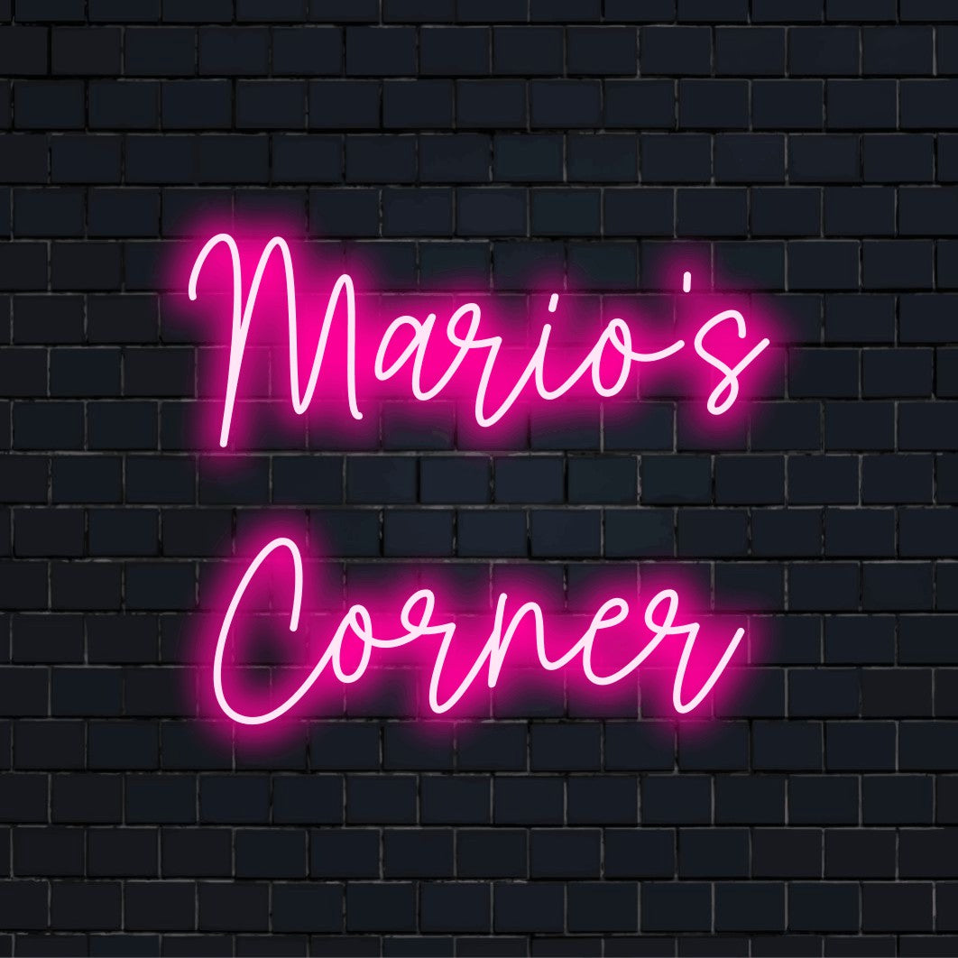 Mario_s Corner Personalized LED Neon Sign, bright neon lettering on black brick background