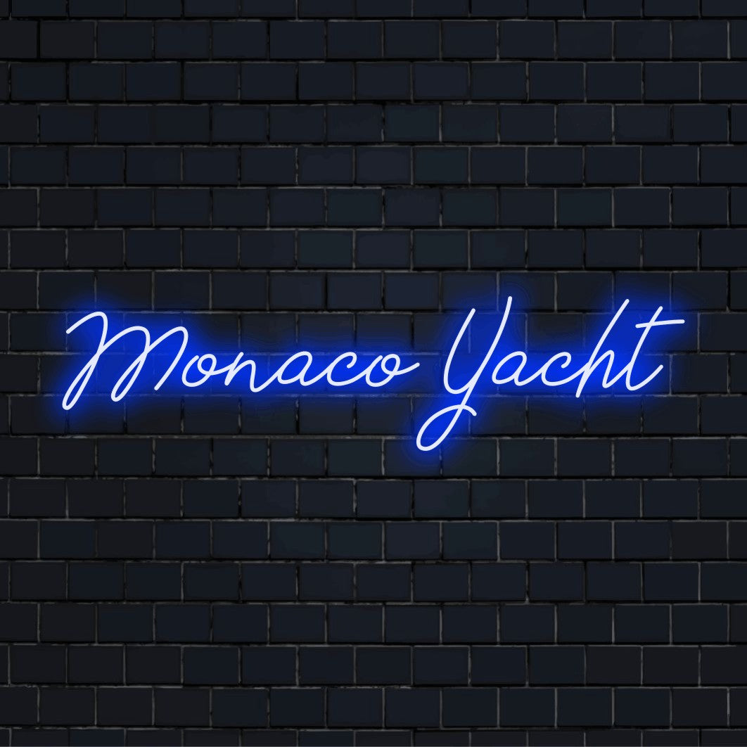 Monaco Yacht Neon Sign, glowing wall decor on dark brick background