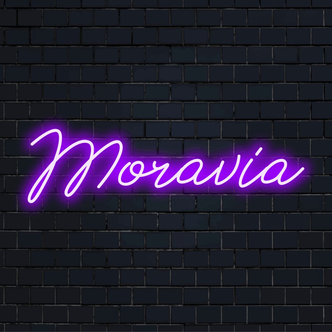 Moravia Neon Light with neon text light on black brick background