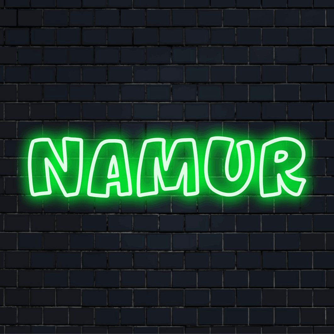 Namur Neon Sign, bright LED glow on dark brick background