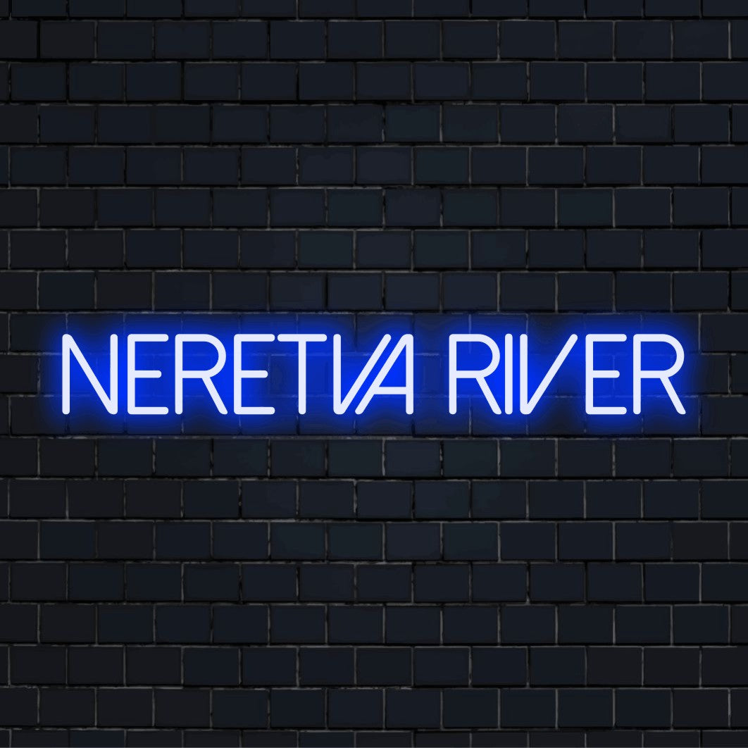 Neretva River Neon Light with glowing wall decor against brick backdrop