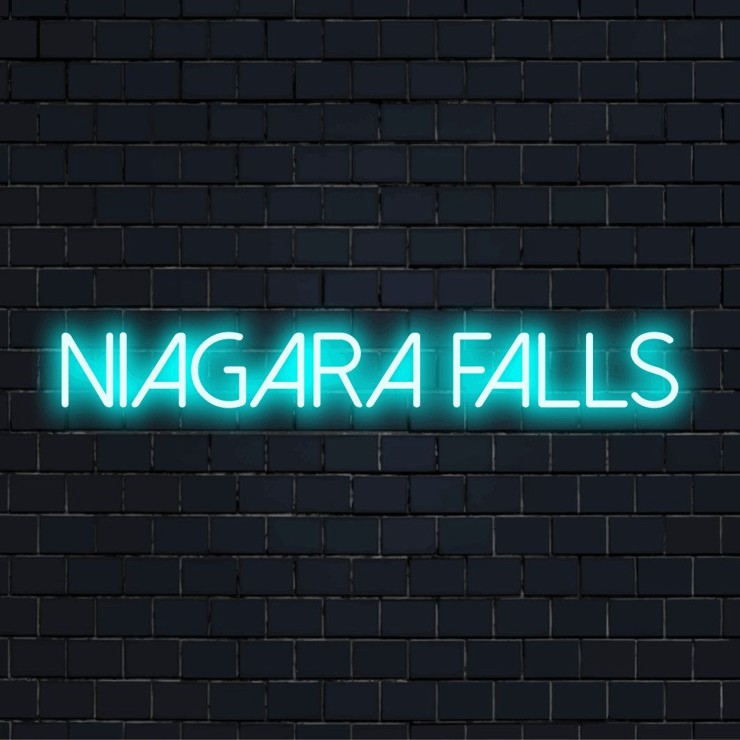 Niagara Falls Neon Light with soft neon glow against brick backdrop