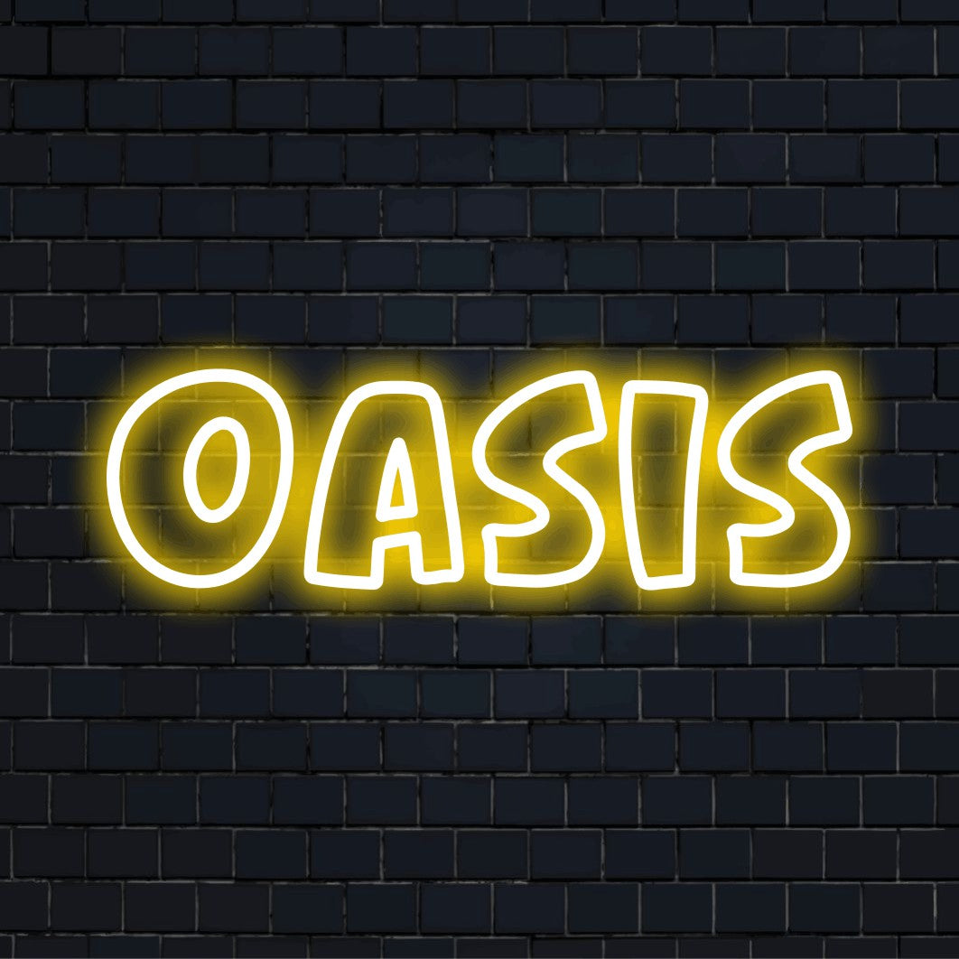 Oasis Neon Sign, bright LED glow against brick backdrop