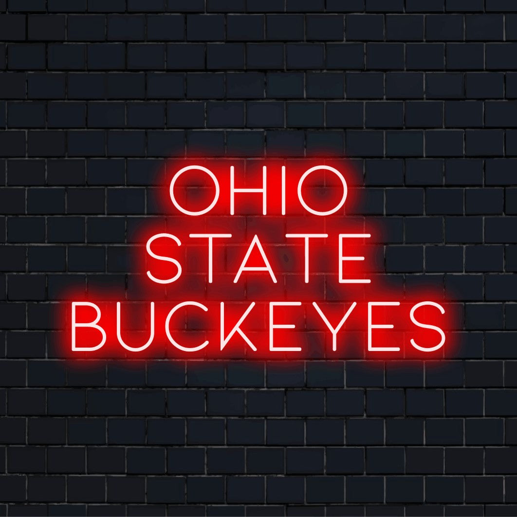Ohio State Buckeyes Neon Light with glowing lettering on dark brick wall