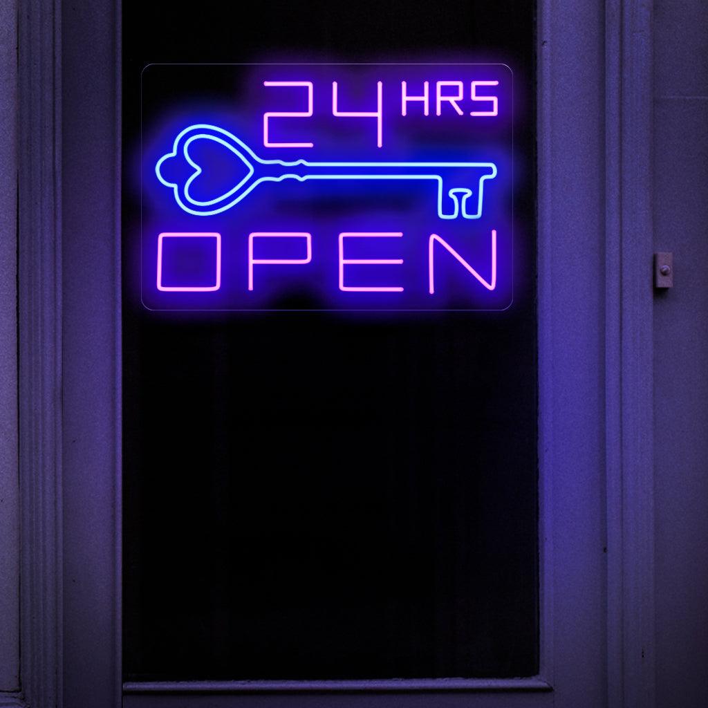 Een opvallend neonbord met de woorden 'Open 24 Hours' in vette, gloeiende letters,