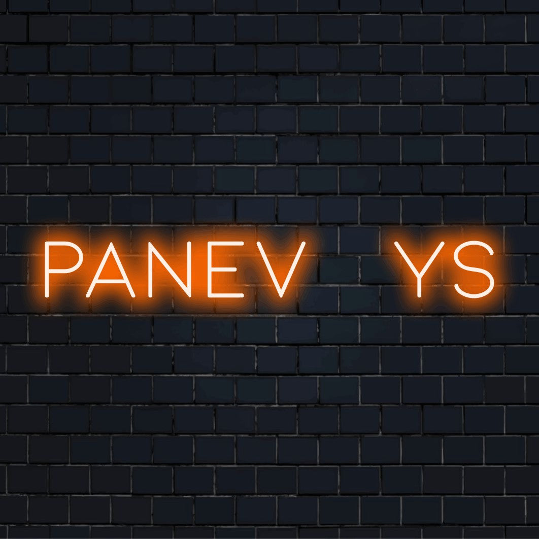 Panev Ys Neon Sign, bright neon lettering against brick backdrop