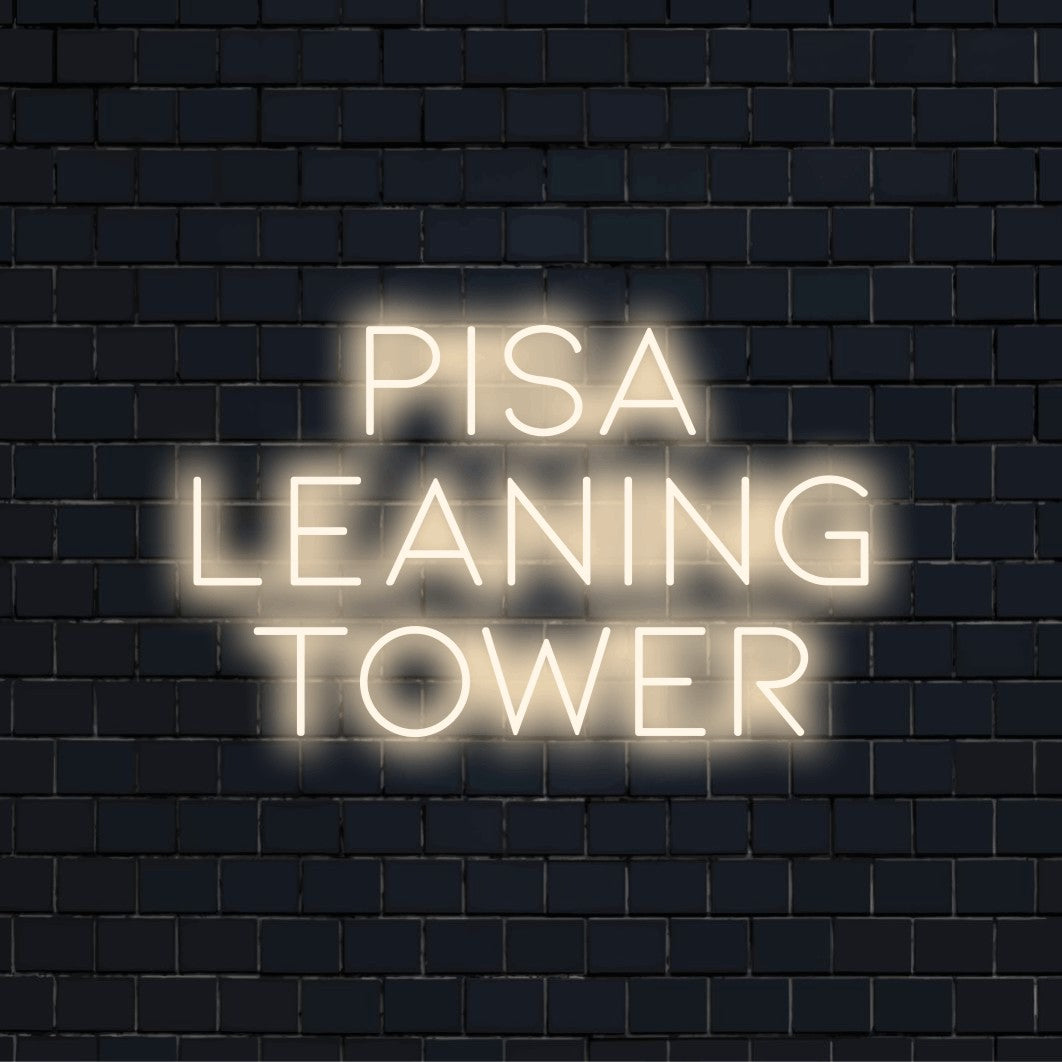 Pisa Leaning Tower Neon Sign, bright neon lettering against brick backdrop