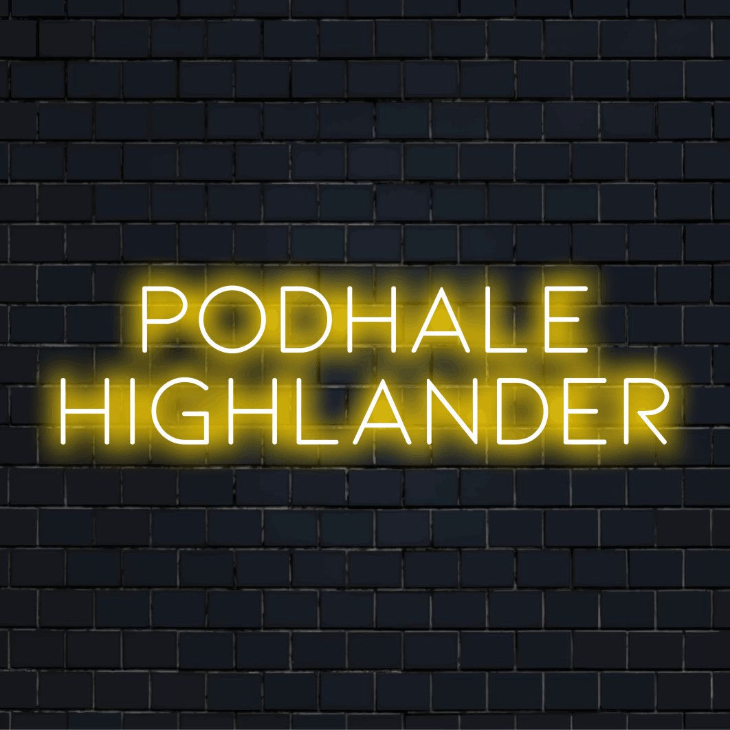 Podhale Highlander LED Neon Sign, glowing wall decor on dark brick background