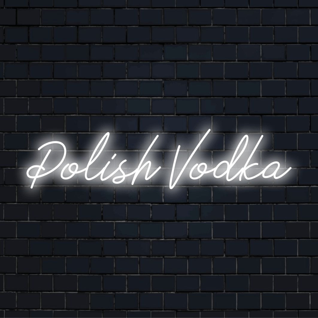 Polish Vodka Neon Sign, glowing neon text on dark brick wall