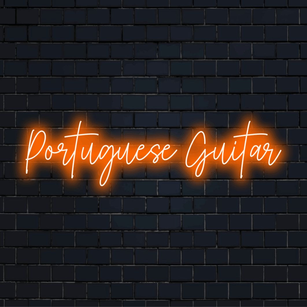 Portuguese Guitar LED Neon Sign, glowing wall decor against brick backdrop