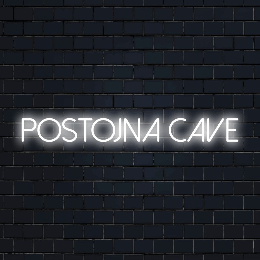 Postojna Cave Neon Sign, bright neon glow on dark brick wall