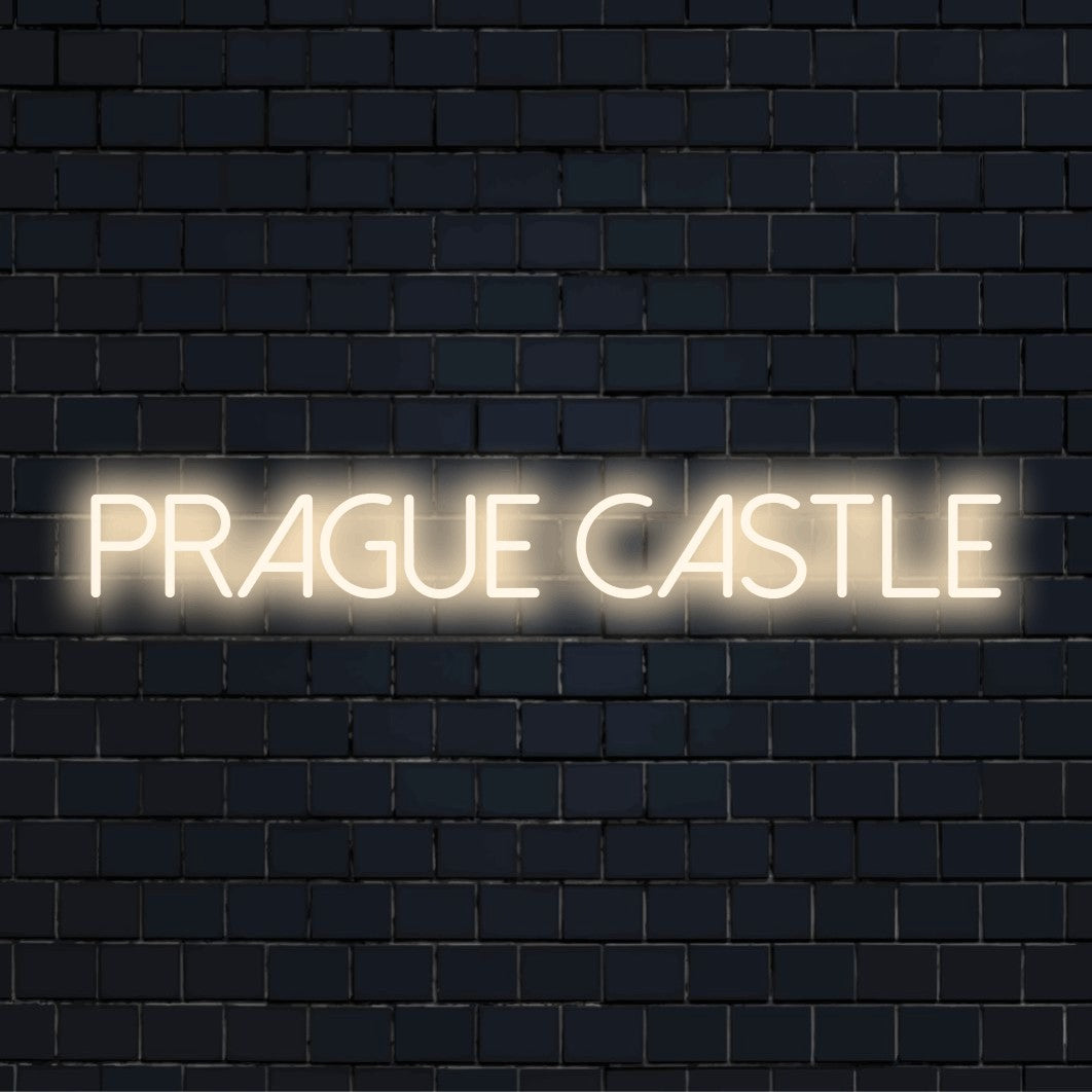 Prague Castle Neon Sign, glowing wall decor on dark brick wall