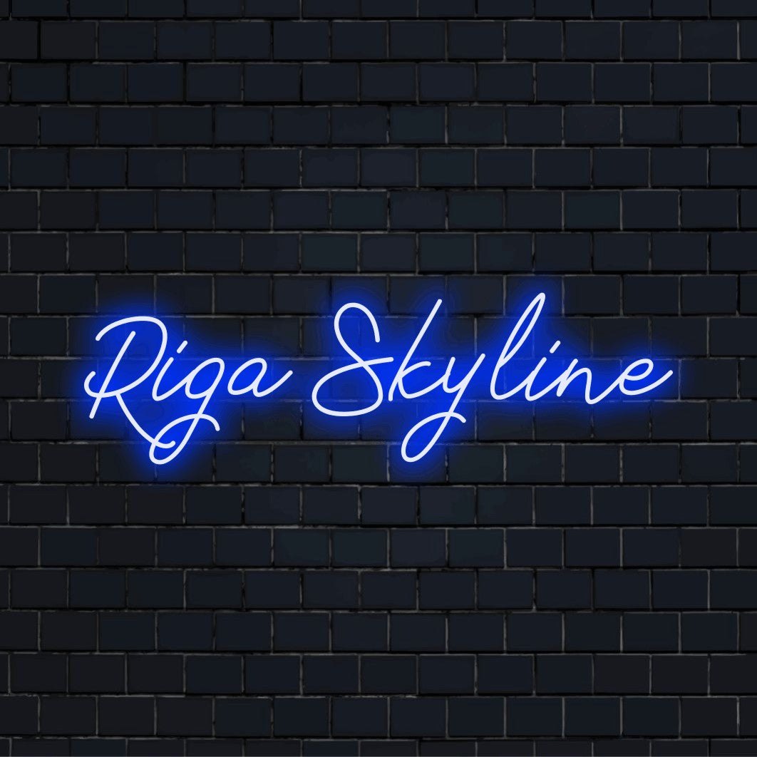 Riga Skyline Neon Light with bright LED glow on black brick background
