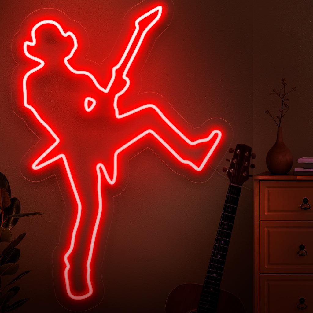Een dynamisch neonbord met het silhouet van een rockster, dat de energie en charisma van een livemuziekoptreden vastlegt.