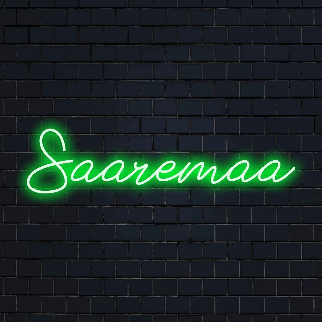 Saaremaa Neon Sign, soft neon glow on black brick background