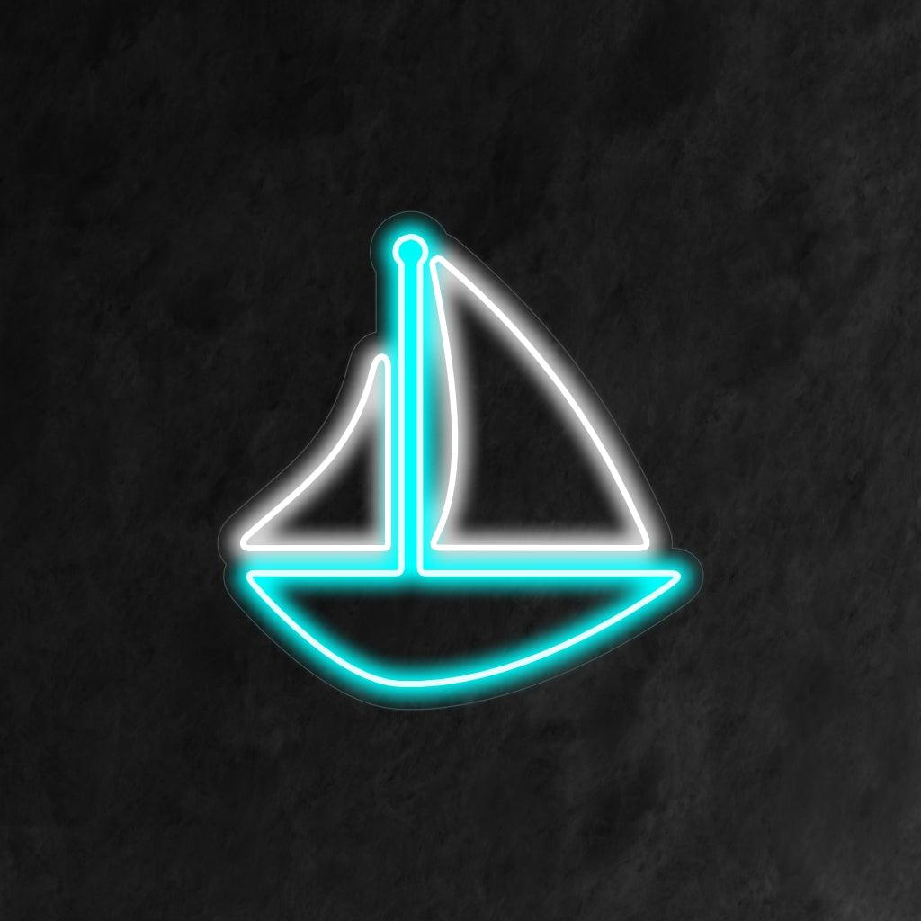 Een betoverend neonbord met een zeilboot die sierlijk over de oceaan zeilt.