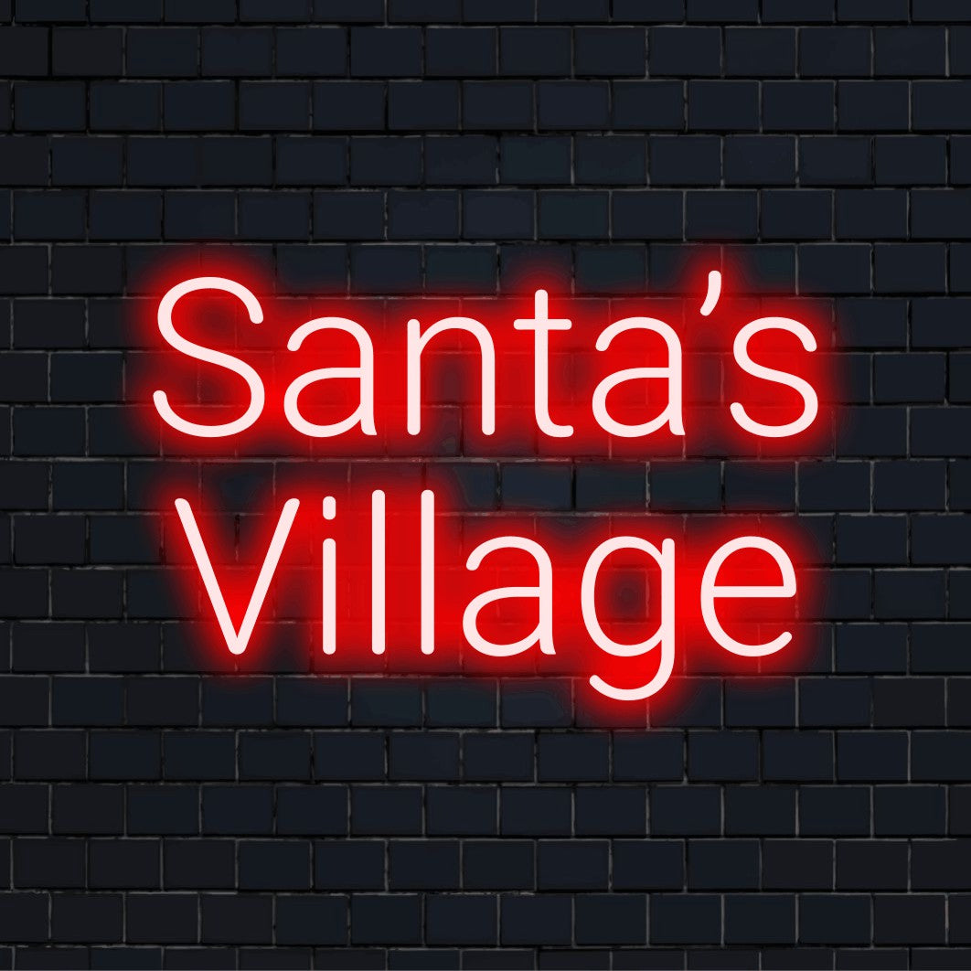 Santa S Village Neon Light with bright LED glow on dark brick wall