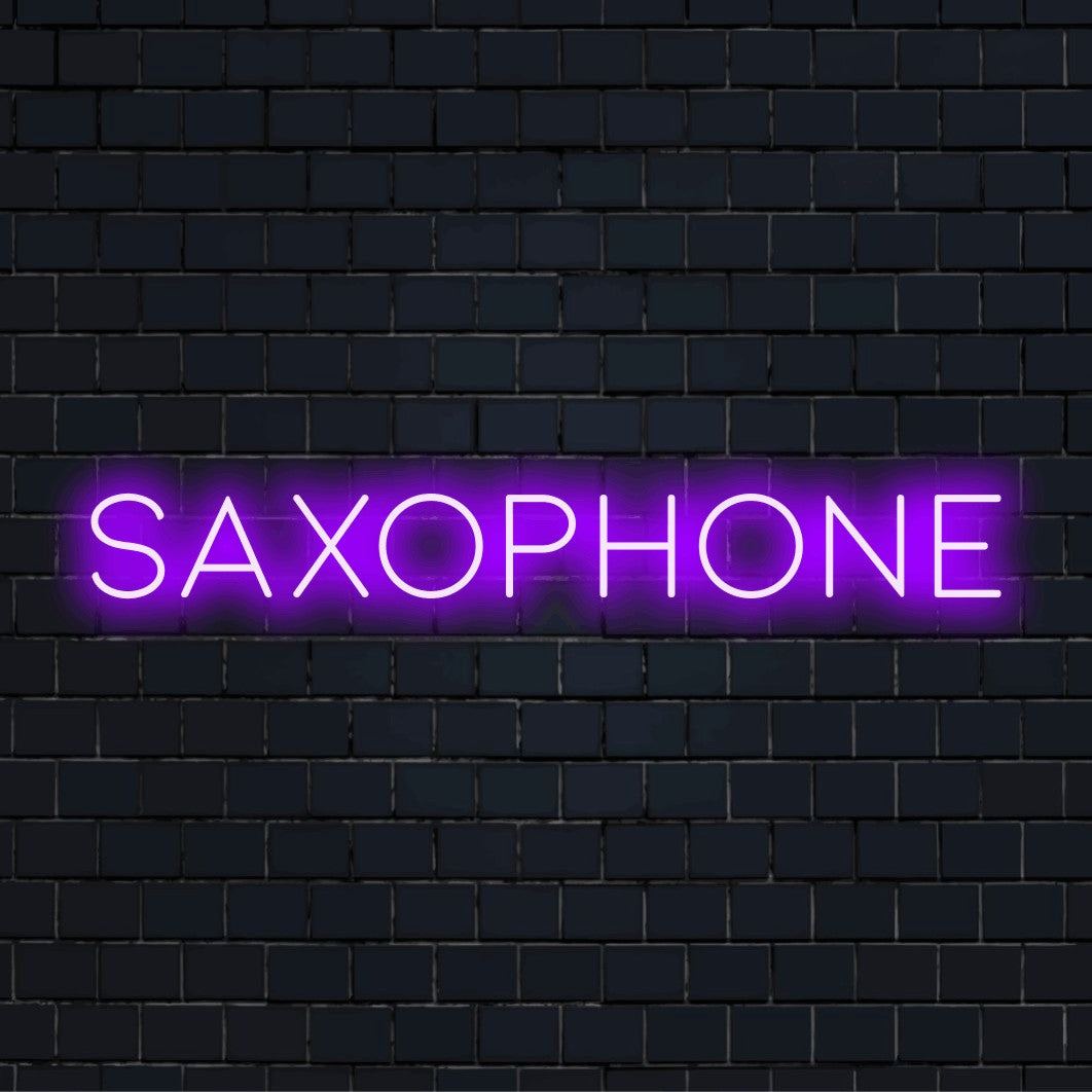 Saxophone Neon Light with bright neon lettering on dark brick background