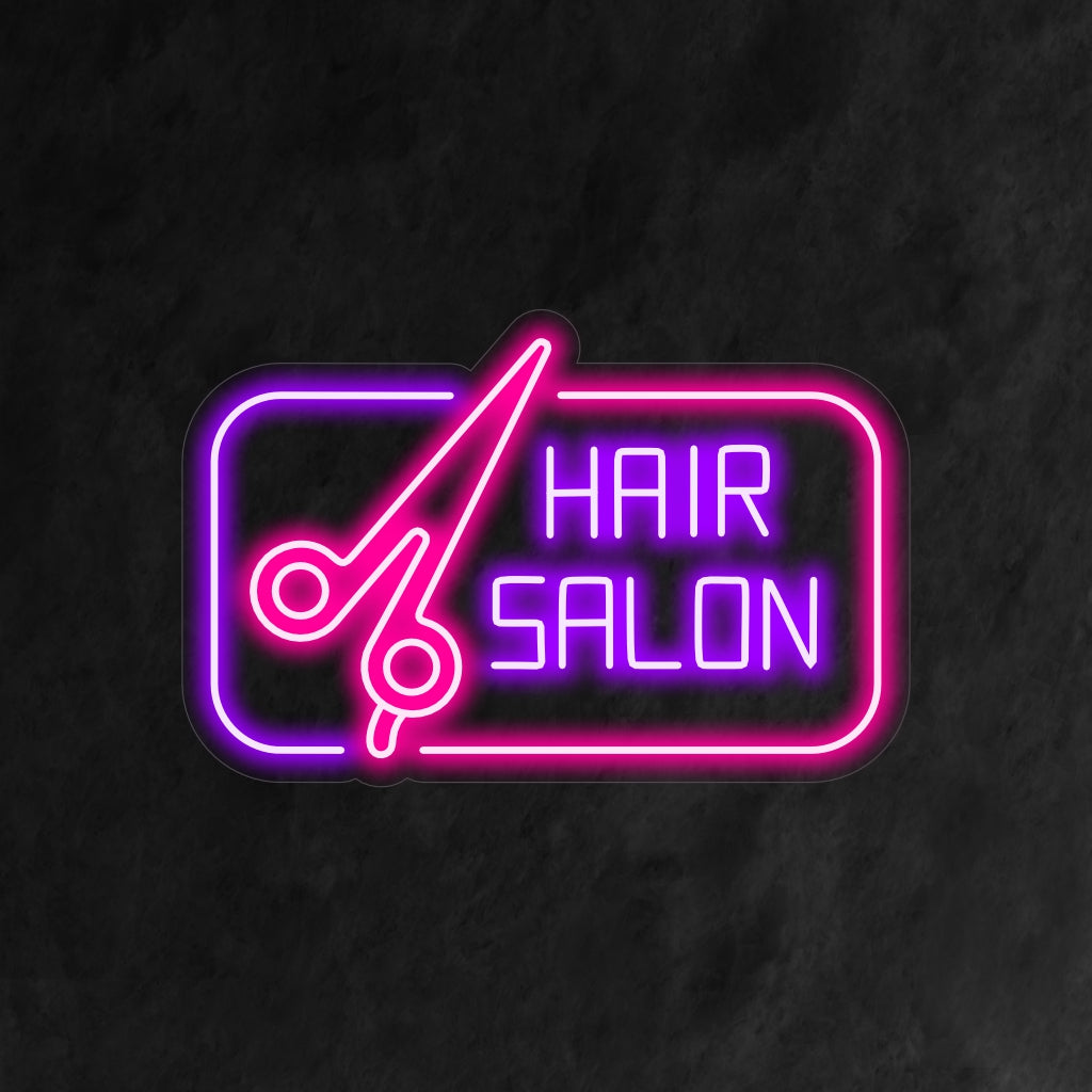 Een opvallend neonbord met een schaar en de tekst 'Hair Salon' in stijlvolle en opvallende letters.