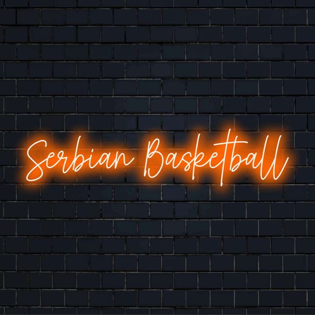 Serbian Basketball Neon Light with glowing wall decor against brick backdrop