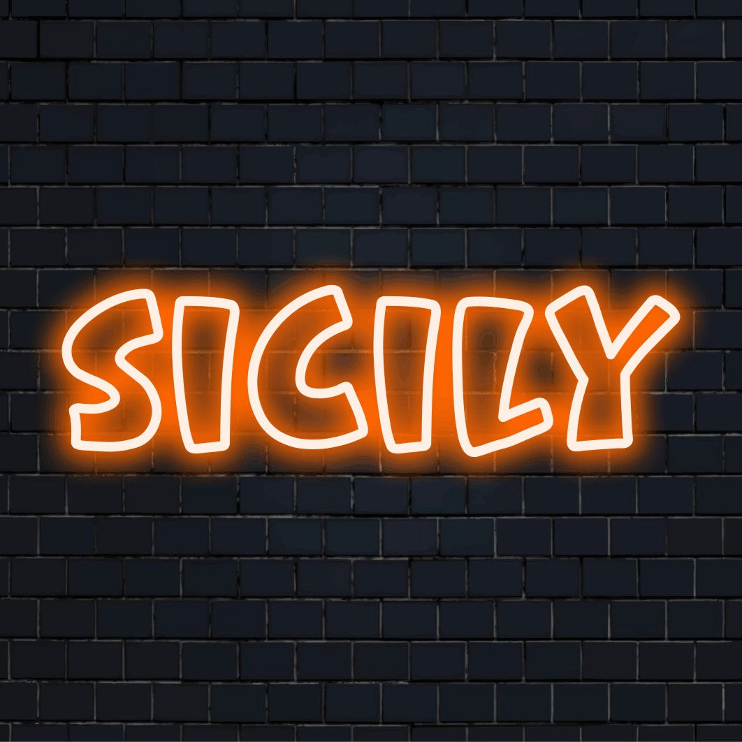Sicily LED Neon Sign, glowing wall decor against black brick wall