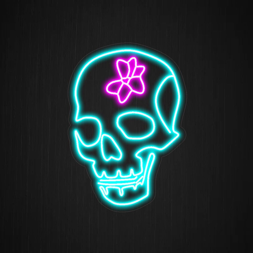 neonreclame met schedel en bloem op het hoofd, een boeiende mix van florale en alternatieve elementen