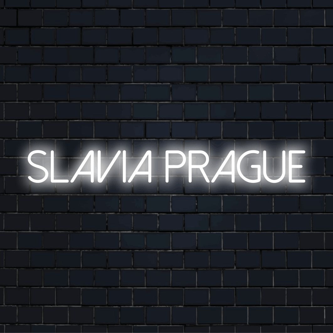 Slavia Prague Neon Sign, bright LED glow against brick backdrop