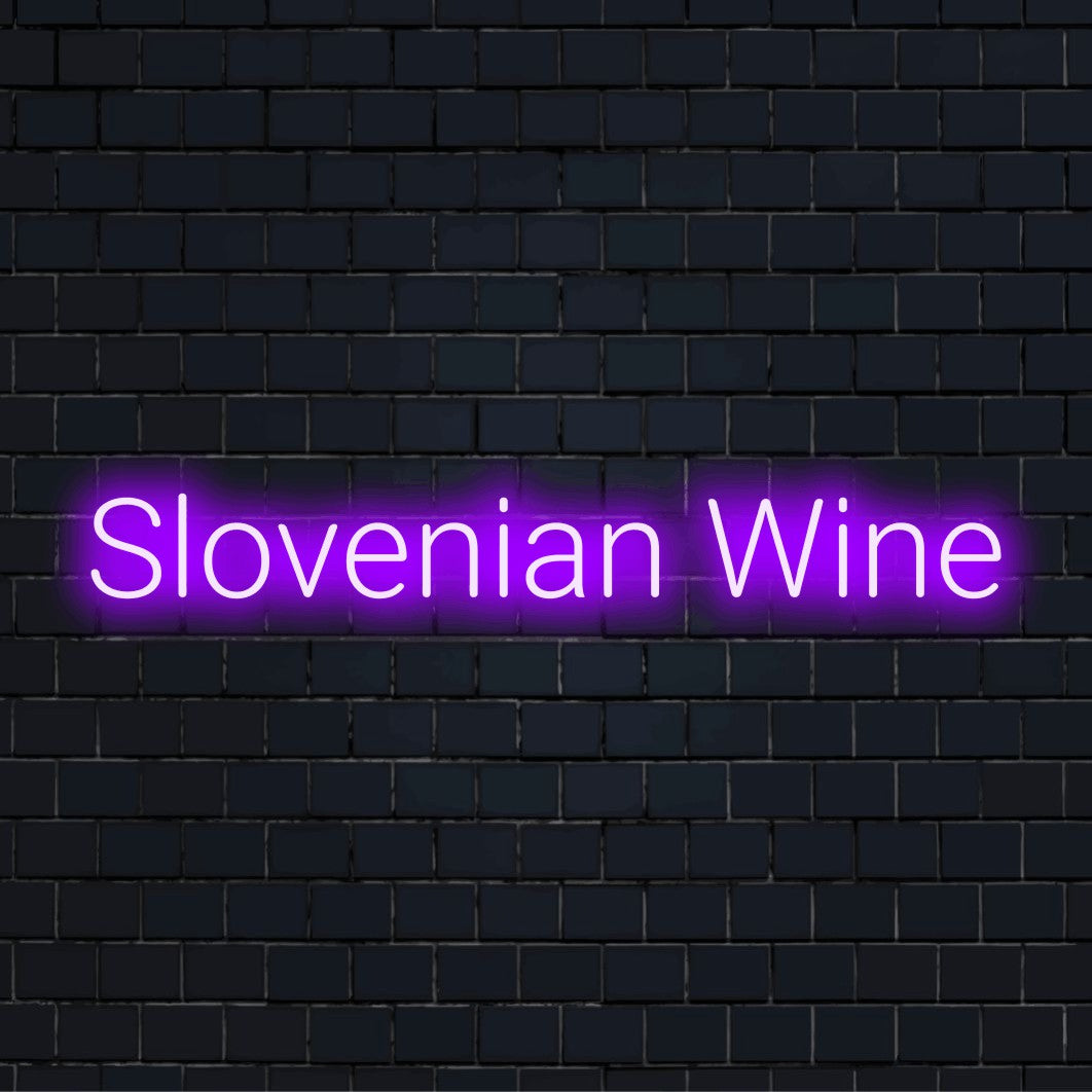 Slovenian Wine Neon Sign, glowing wall decor on dark brick background