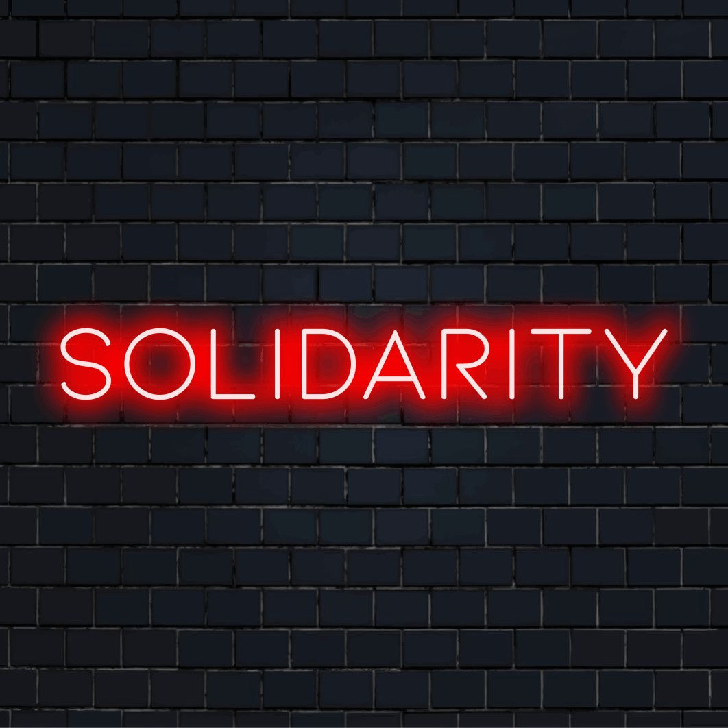 Solidarity Neon Sign, bright LED glow on dark brick background