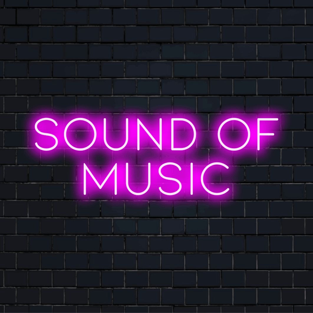 Sound Of Music Neon Sign, glowing lettering on black brick background