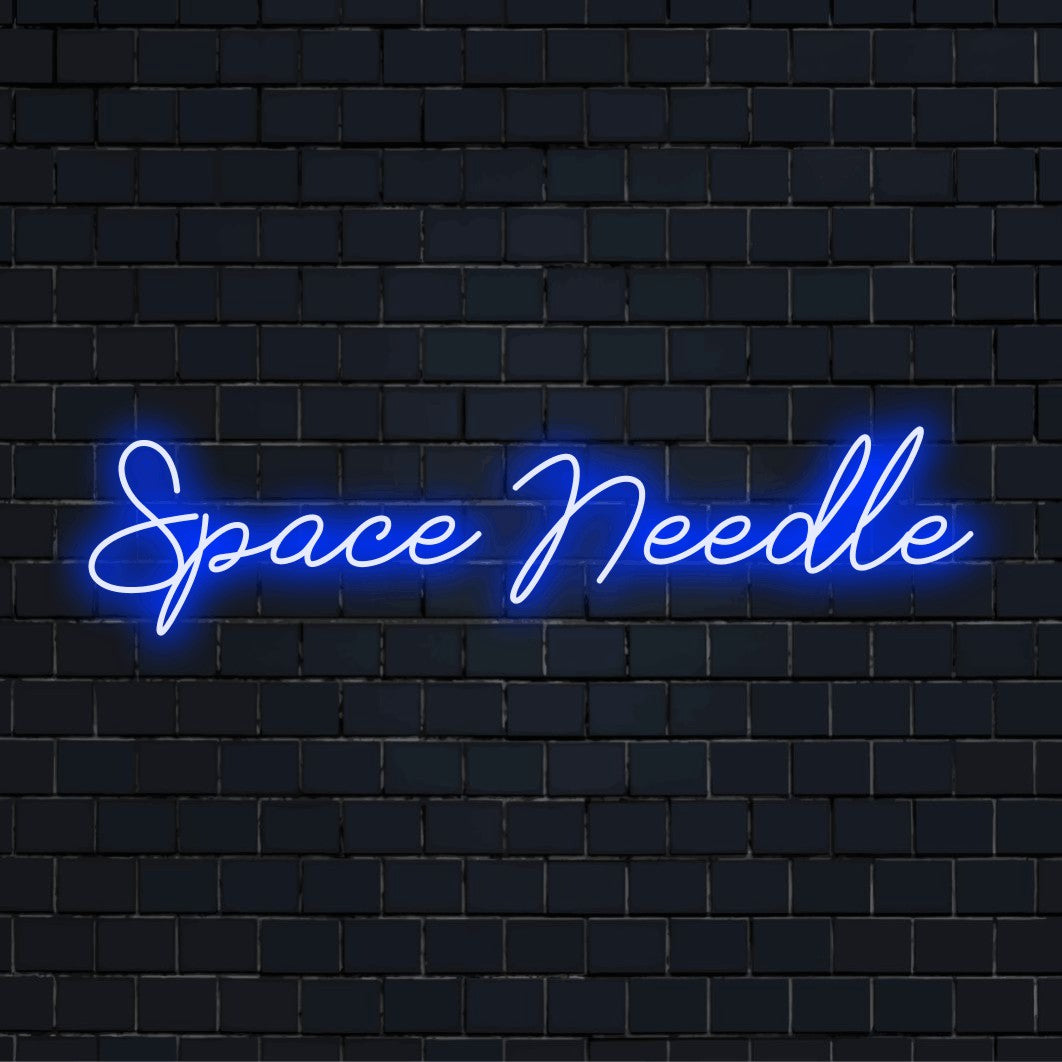 Space Needle Neon Sign, glowing neon text on dark brick wall