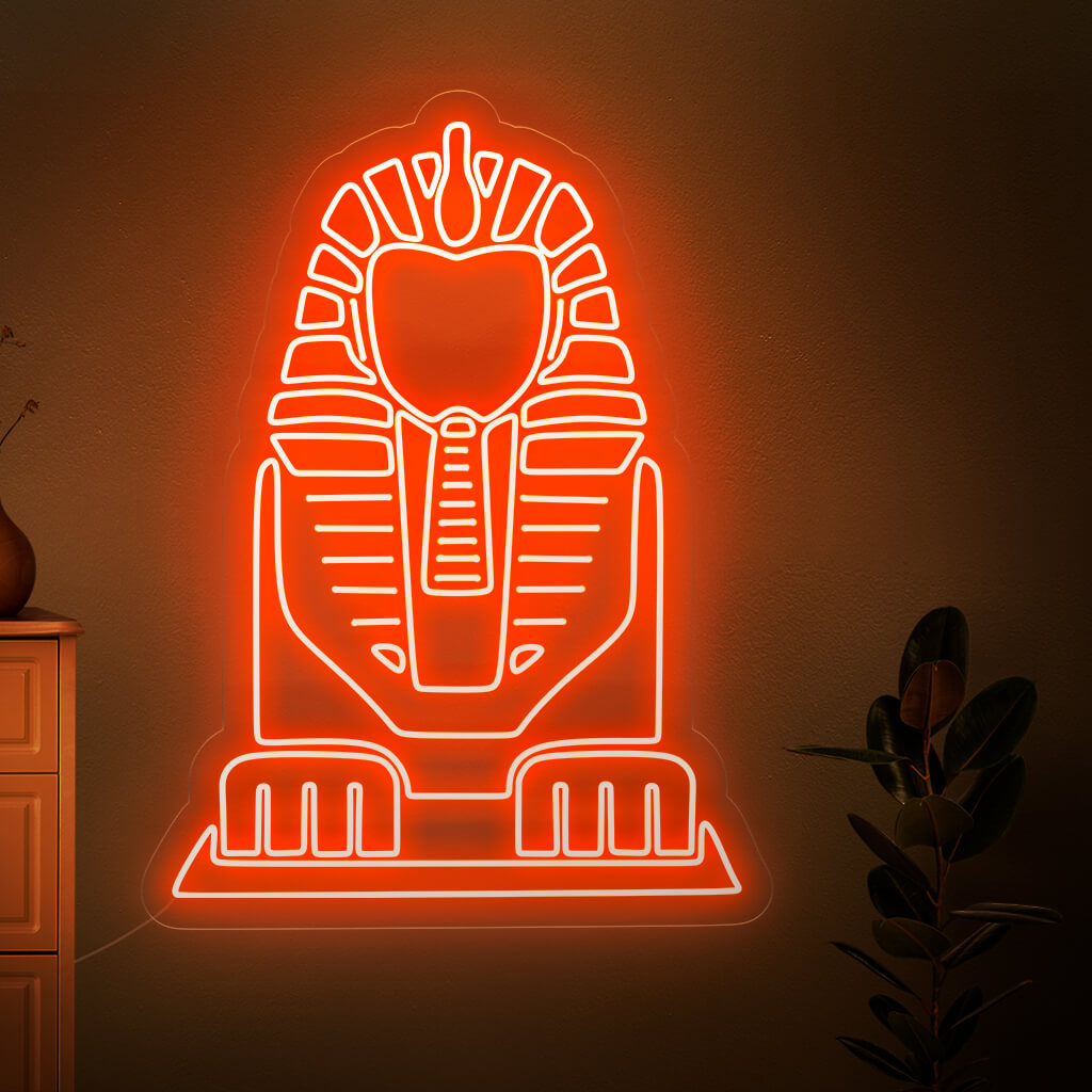 Een betoverend Sphinx-neonbord voor een Egyptisch interieur, dat een levendig en betoverend licht uitstraalt.