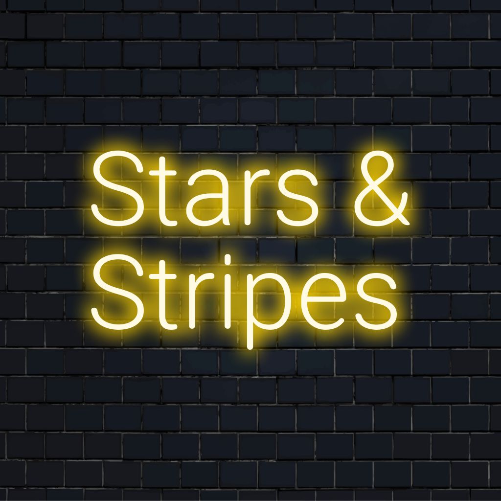 Stars Stripes LED Neon Sign, glowing lettering on dark brick background