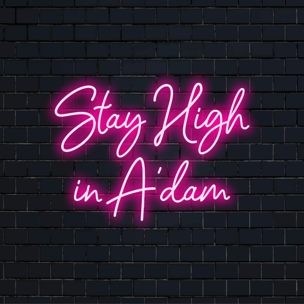 Stay High In A Dam LED Neon Sign, neon text light on black brick background