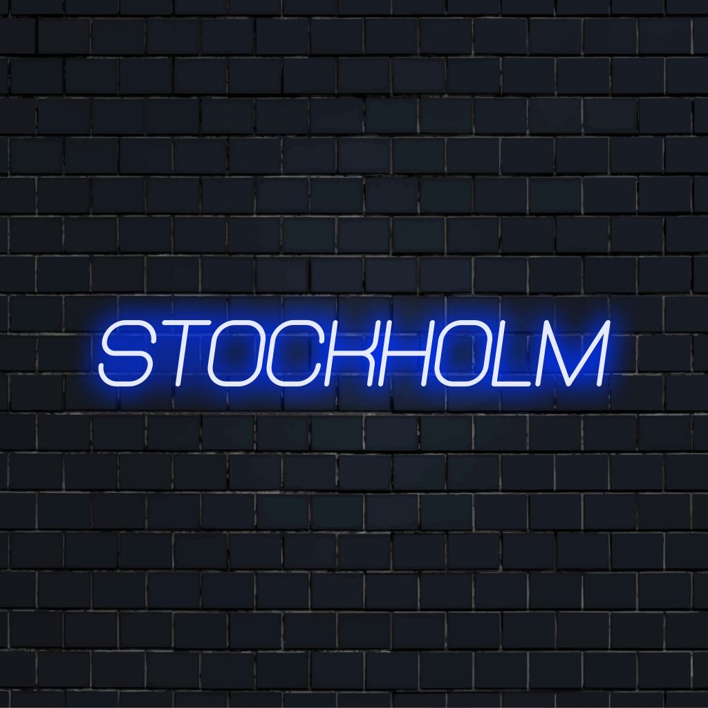 Stockholm Neon Sign, bright neon glow on dark brick background