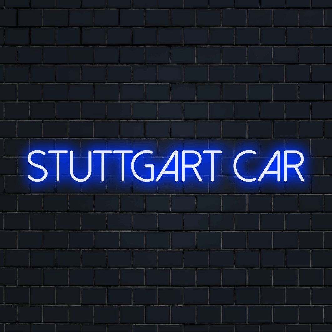 Stuttgart Car LED Neon Sign, bright neon glow on black brick background