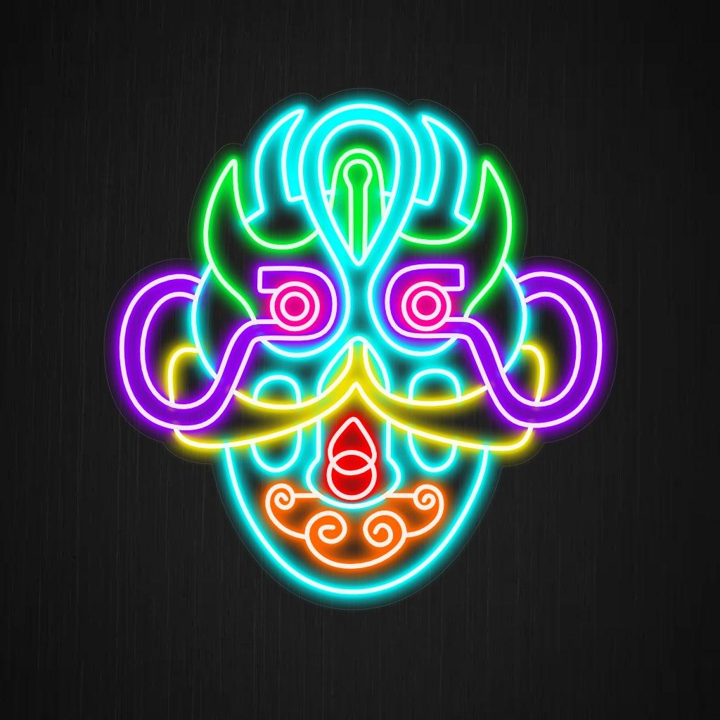 Een betoverend neonbord met een surrealistisch kunstmasker. De neonlichten vormen ingewikkelde patronen en levendige kleuren, wat zorgt voor een visueel verbluffende en tot nadenken stemmende vertoning.