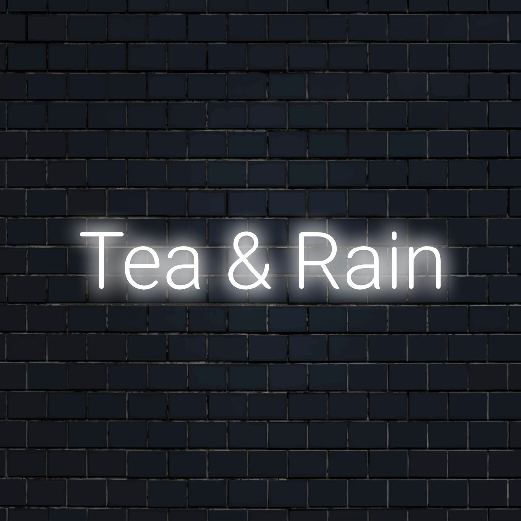Tea Rain LED Neon Sign, soft neon glow on black brick background