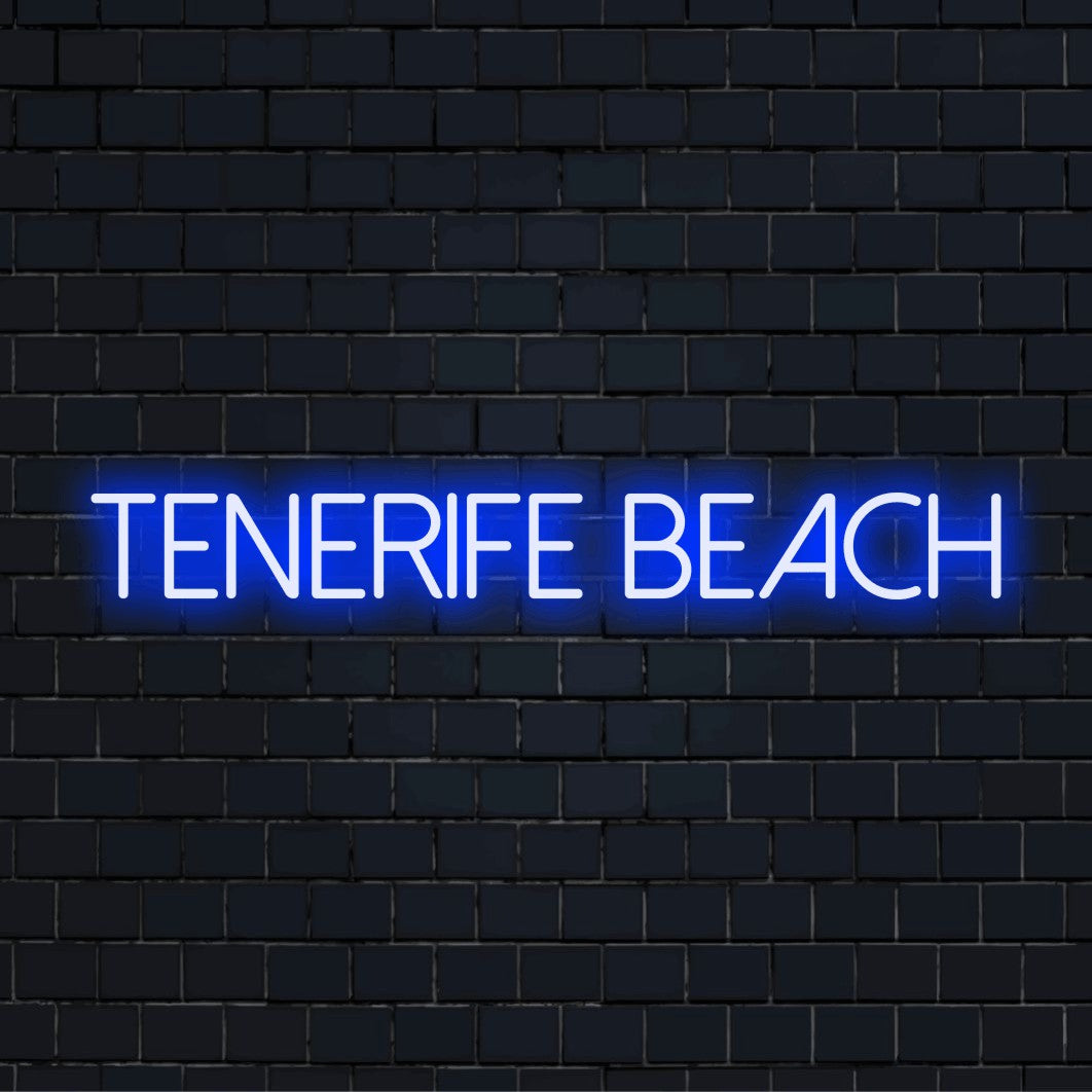 Tenerife Beach Neon Sign, neon text light on dark brick wall